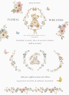 an image of flowers and animals with the words floral wreaths on it's side