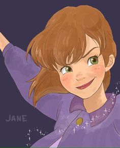 a girl with brown hair and green eyes pointing to the side while wearing a purple shirt