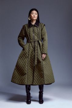 Velvet Dress Maxi, Jacket Collection, Quilted Coat, Karen Millen, Fashion Face, Khaki Green, Quilted Jacket, Full Skirt, Tops For Leggings