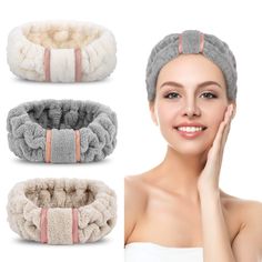 woman with towel wrapped around her head and three different types of hair ties on her head