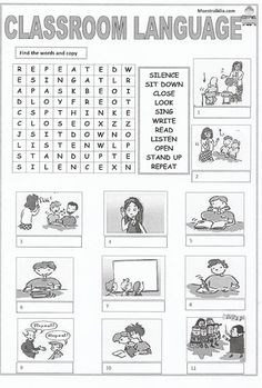 an image of classroom language worksheet with pictures and words for children to learn