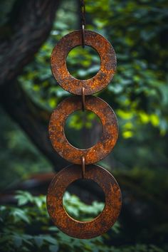 an old rusted metal object hanging from a tree