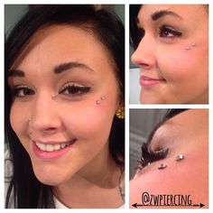 three pictures of a woman with fake eyelashes and piercings on her face, including the nose