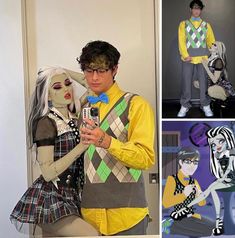 two people dressed in costumes and one is holding a cell phone while the other holds a doll