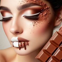 Indulge in this rich and creamy chocolate-inspired makeup look. Featuring velvety brown eyeshadow, striking white eyeliner, and lips dripping in chocolatey artistry, this look is perfect for creative beauty lovers and chocolate enthusiasts. A flawless blend of nude tones, cocoa powder accents, and artistic details make this a feast for the eyes.  #ChocolateMakeup #NudeGlam #CreativeMakeup #CocoaBeauty #MakeupArt #NeutralTones #BeautyInspiration #MakeupLover #ChocolateInspired #NudeMakeup