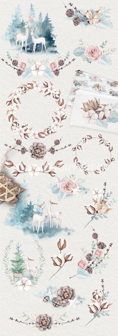 an image of a watercolor painting with animals and flowers on the bottom half of it