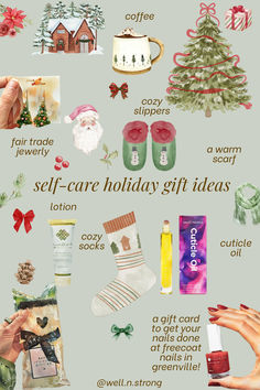 the holiday gift guide for self - carers is shown in this graphic style, and includes