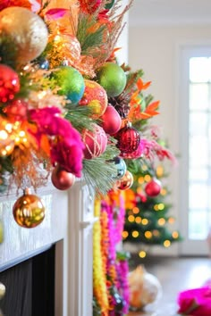 christmas tree decorated with colorful ornaments and garland