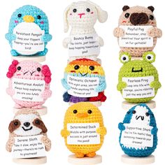 six crocheted stuffed animals are shown in different colors and sizes, with labels on them