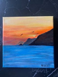 an acrylic painting of a sunset over the ocean with birds flying in the sky