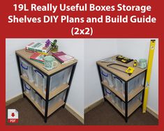 two shelves with plastic containers on them and the words 101 really useful boxes storage shelving diy plans and build guide 2x2