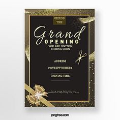 a grand opening flyer with gold ribbon and bow