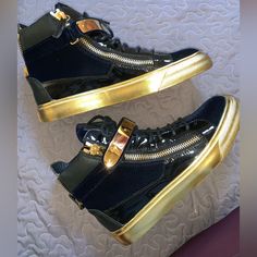 100% Authentic In Great Condition Like New, Never Worn Men’s Size 38.5 Giuseppe Zanotti Blue Velvet, Black Pattened Leather With Gold Coby High Top Sneakers. With Zipper, Lace, And Velcro Closures. They’ve Been In My Closet For 5 Years And My Husband Is Finally Letting Me Sell Everything He Has Not Worn. We Live In Tucson Arizona And Don’t Really Ever Dress Up. Only When We Go To Vegas Or Hollywood California And We Don’t Have Any Trips Planned Out So Why Not Sell Them So Someone Else Can Wear T Zanotti Sneakers, Giuseppe Zanotti Sneakers, Sell Everything, Modern Shoes, Tucson Arizona, Hollywood California, Blue Velvet, Tucson, Mens Shoes Sneakers