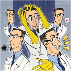 three men in lab coats with yellow hair and glasses, one wearing a white coat