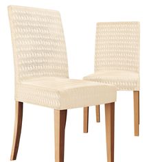 two white chairs sitting side by side on top of each other, one with a wooden leg