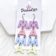 New mom? Baby shower? These are the cutest earrings to honor that most special lady! Lightweight, pastel acrylic letters. 2.75" x .75" Stainless Steel & Hypoallergenic All settings are lead and nickel free Cheap Mother's Day Earrings, Cheap Nickel-free Earrings For Mother's Day, Cheap Custom Name Earrings For Mother's Day, Cute Multicolor Earrings For Mother's Day, Playful Personalized Pink Earrings, Personalized Earrings For Mother's Day, Trendy Personalized Earrings For Birthday, Playful Multicolor Personalized Earrings, Trendy White Earrings For Mother's Day