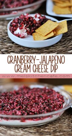 cranberry - jalapeno cream cheese dip with crackers on the side