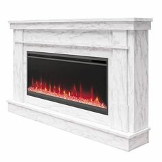 an electric fireplace with white marble surround and red flames on the side, isolated against a white background