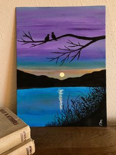 a painting of two birds sitting on a tree branch with the moon in the background