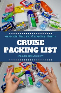 several different types of medical items with the words cruise packing list on top and bottom