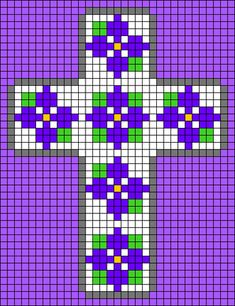 a cross made out of purple and green squares