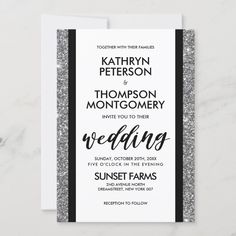 a wedding card with silver glitter and black trim on it, featuring the words'love is