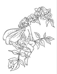 a fairy sitting on top of a branch with flowers in her hand and holding onto the leaves