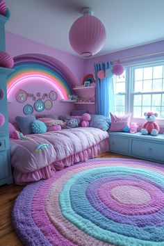 a bedroom with pink, blue and purple decor