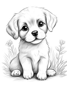 a black and white drawing of a puppy sitting in the grass with its paw up