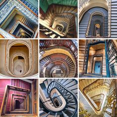 many different pictures of stairs and windows