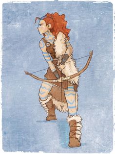 a drawing of a woman with red hair holding a bow and arrow