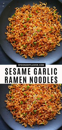 sesame garlic ramen noodles on a black plate with the words sesame garlic ramen noodles