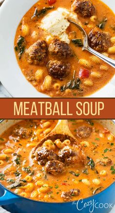 meatball soup in a blue pot with a ladle full of pasta and cheese