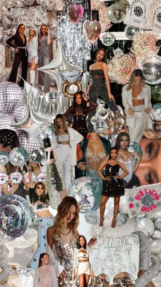 a collage of many different women in dresses and hats, all with disco balls