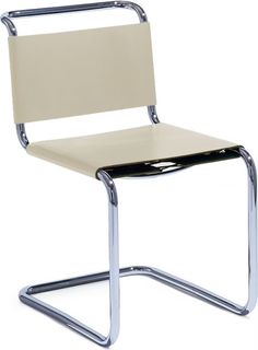 a white chair with chrome legs and a beige seat pad on the back, against a white background