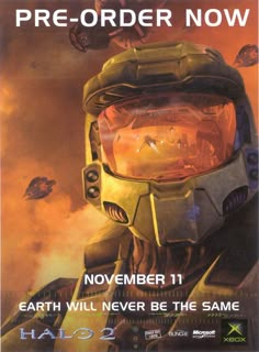 an advertisement for the halo 2 movie, with a helmet on it's face