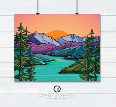 a painting hanging on the wall with mountains and trees in the foreground at sunset