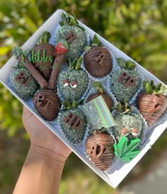 chocolate covered strawberries are in a box with green leaves on top and faces drawn on them