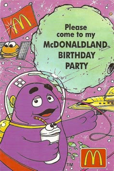 an advertisement for mcdonald's birthday party featuring the character from spaceman in purple