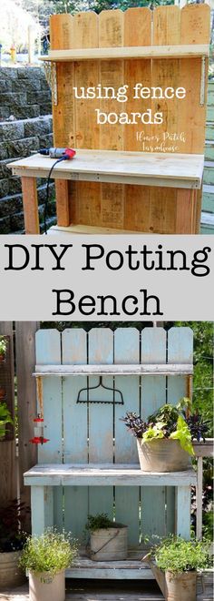 an old potting bench is transformed into a garden bench with plants growing out of it