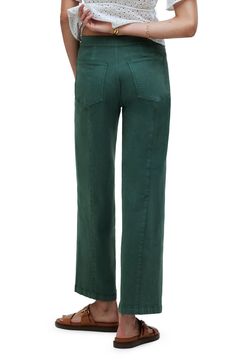 These wide-leg pants feature a specially engineered high waist you love and clean welt pockets in front. Garment-dyed for a worn-in look, they come in signature stretch twill for wear-every-day cool. 26 1/2" inseam; 19" leg opening; 11" front rise; 15" back rise (size 29) Zip fly with button closure Front welt pockets; back pockets 99% cotton, 1% elastane Machine wash, tumble dry Imported Wide Leg Crop Pants, Crop Pants, Welt Pockets, Welt Pocket, Cropped Pants, Leg Pants, Wide Leg Pants, Madewell, Jade