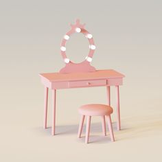 a pink vanity table with a stool and mirror on it, in front of a white background