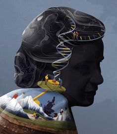 a painting of a man's head and neck with people on top of it