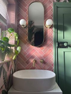 a bathroom with pink tiles and green door, mirror on the wall, potted plant next to it