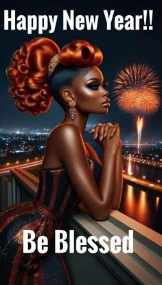 an image of a woman looking out over the city with fireworks in the sky behind her