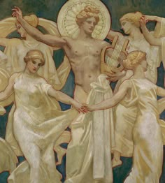 the painting depicts four women holding hands