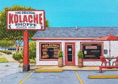 the original kolache shoppe has been painted in watercolor and is now on display