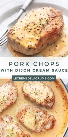 pork chops with dijon cream sauce in a skillet on a white plate