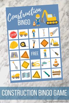 construction bingo game for kids to play on the marble floor with text overlay that reads construction