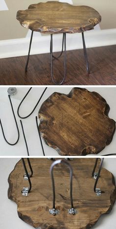 three different pictures of a table made out of wood with metal legs and hair pins attached to it